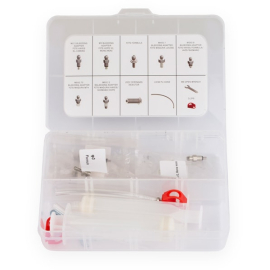 Universal bleed kit with syringe and nipples to suit most brands